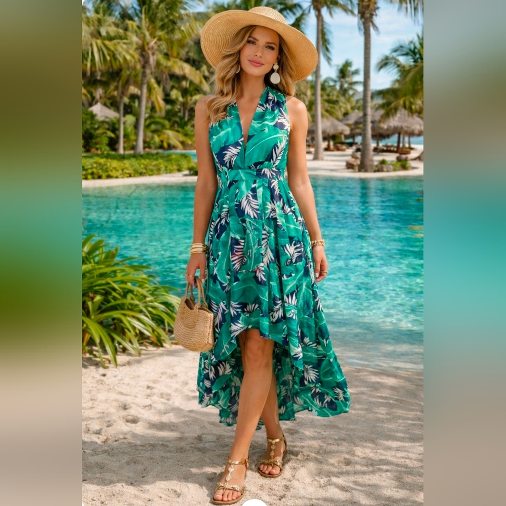 CIEN NWT Tropical Green and Navy Maxi Dress SZ S‎